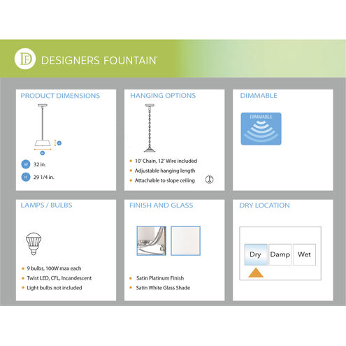Axel 9 Light 32 inch Satin Platinum Chandelier Ceiling Light
